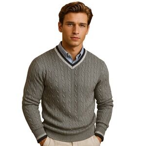 Denver Hayes Gray Cable Knit Sweater V-Neckline Preppy Academia Old Money XL